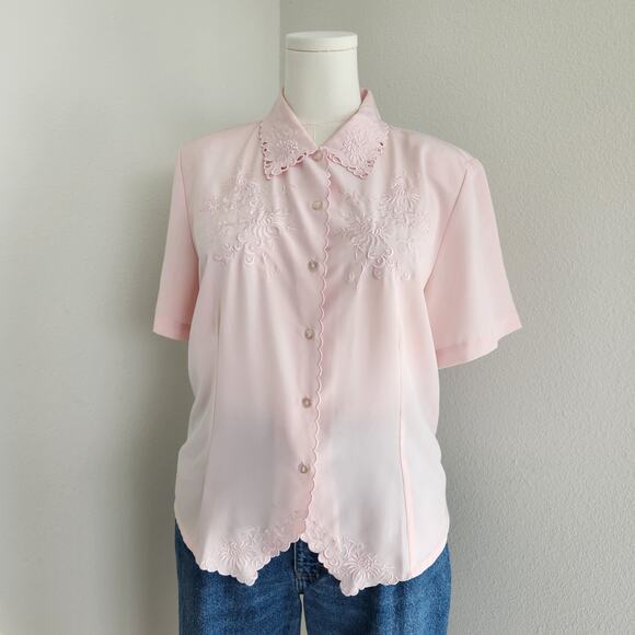 Vintage 80s Joanna Pink Embroidered Scalloped Button Down Short Sleeve Blouse M - Picture 10 of 10